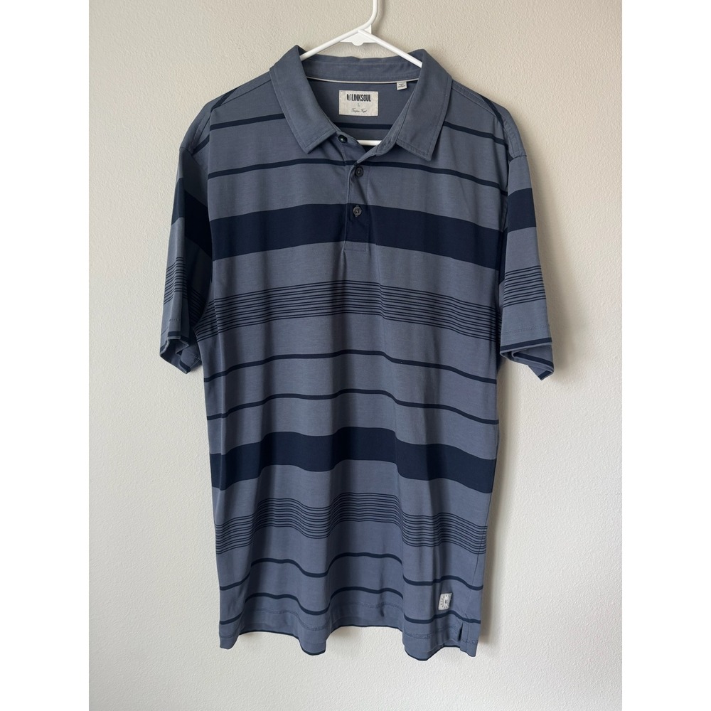 Linksoul Mens Blue Striped Tempus Fugit Luxury Short Sleeve Polo Large L Golf